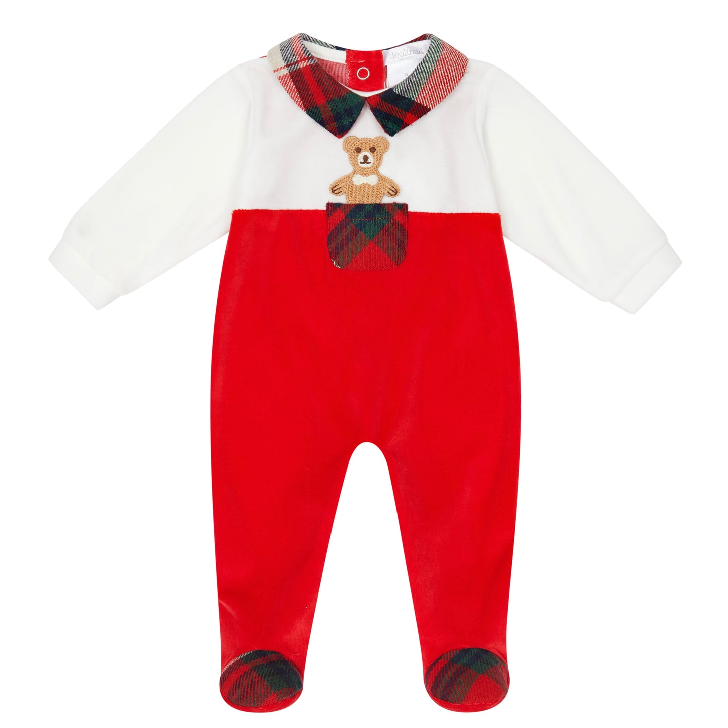 Deolinda Christmas edition red and white babygrow with tartan and white eddy bear detailing 