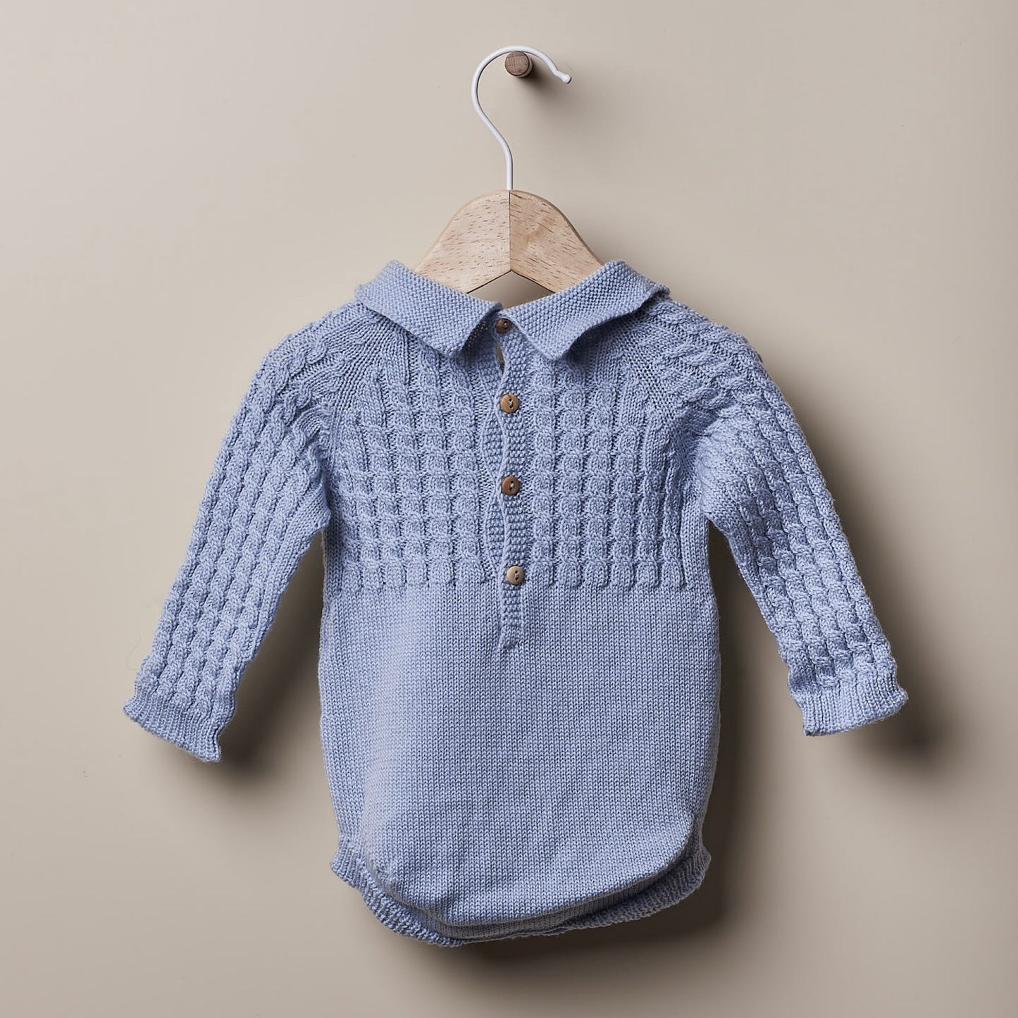 Baby boys Wedoble blue knitted Merino wool romper - Adora Childrenswear