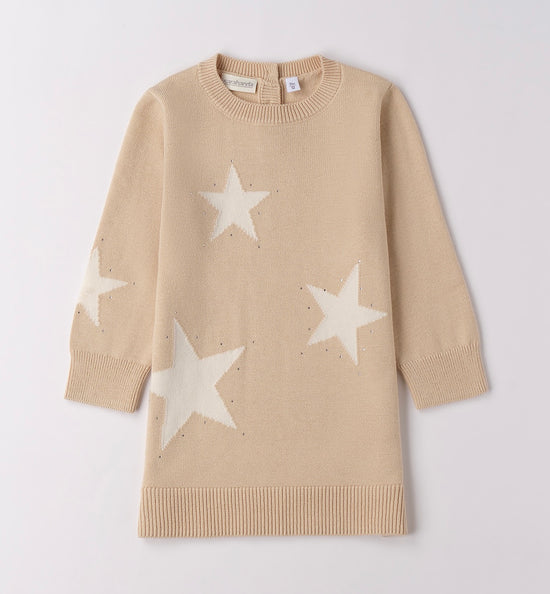 Sarabanda girls beige knitted jumper dress with cream star detail 
