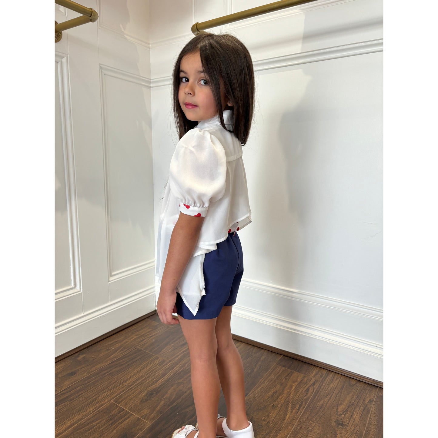 Little girls navy shorts with matching white backless blouse by Piccola Speranza - Adora Childrenswear 