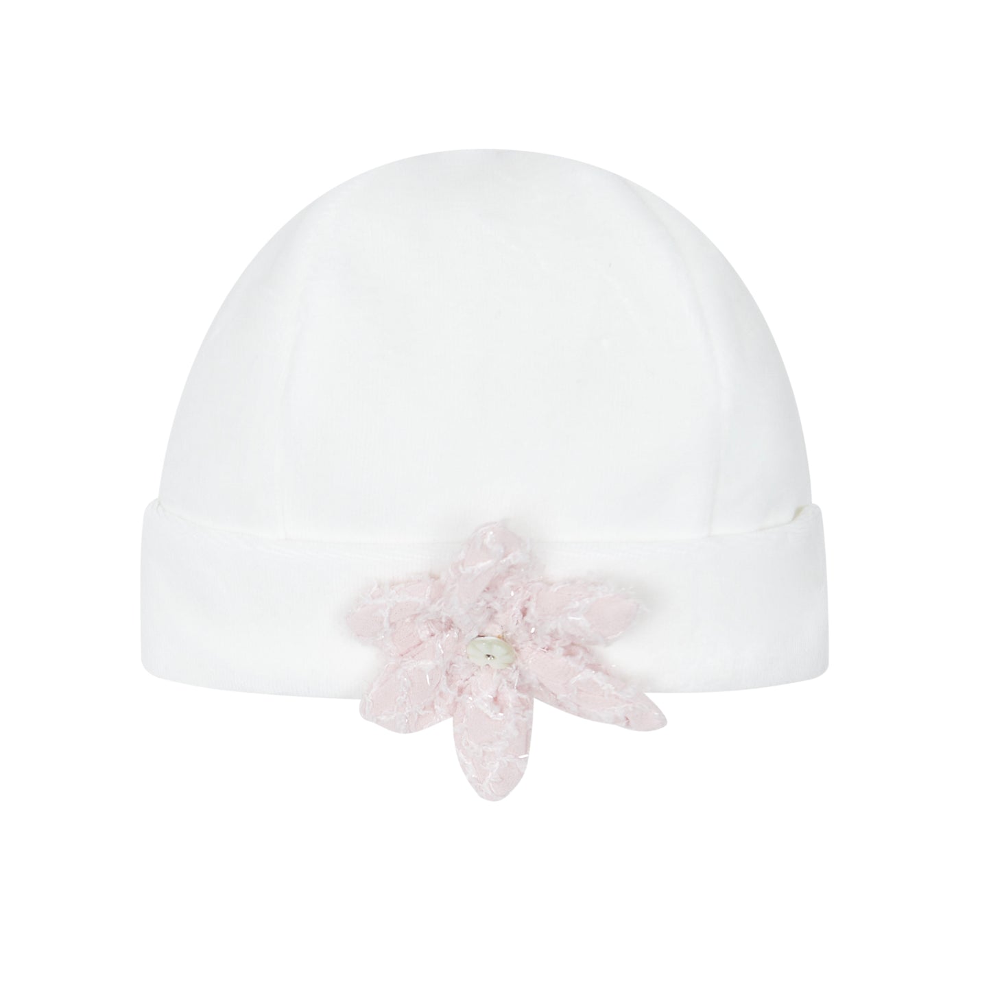 White velour hat with blush pink 3D flower detail on the front 