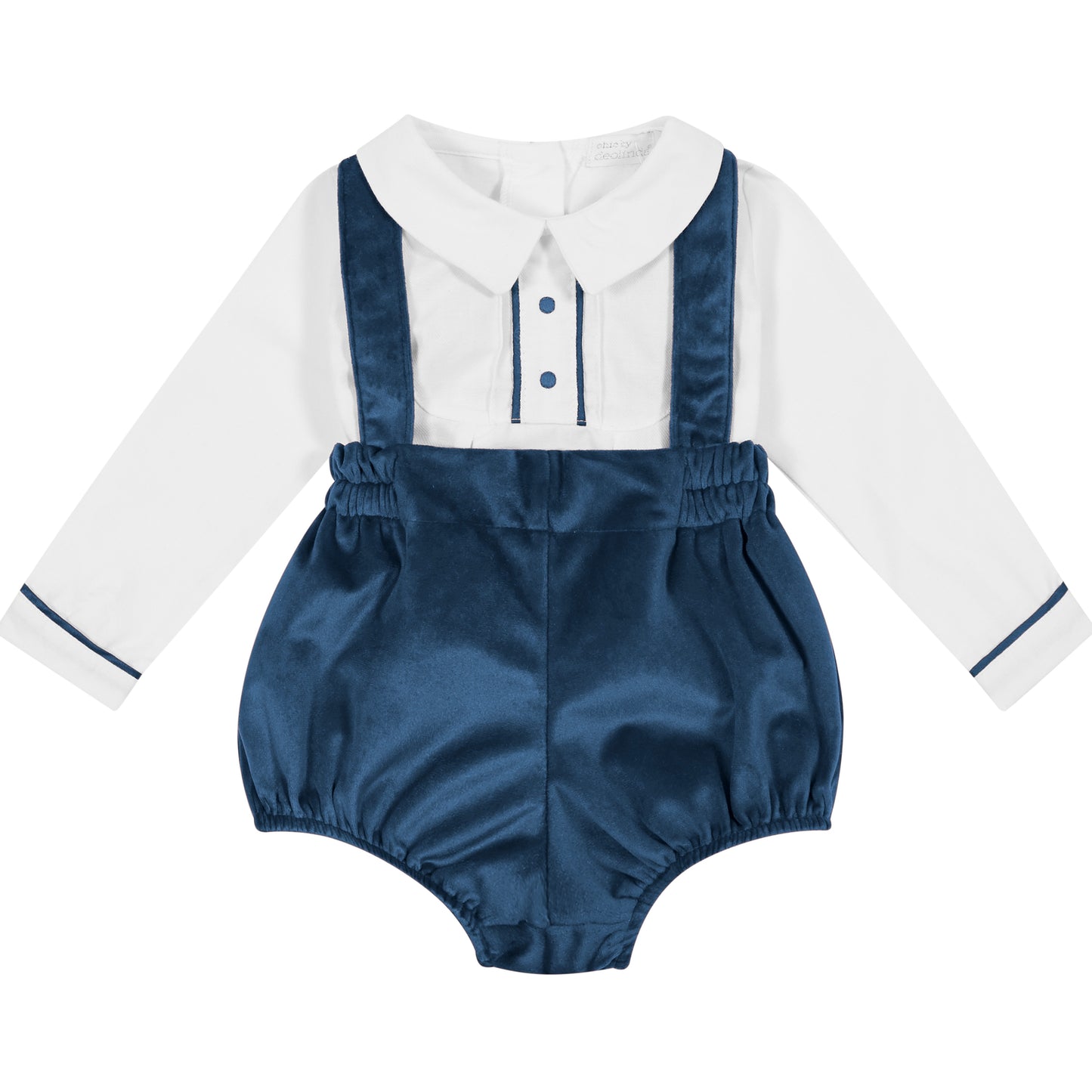 Baby boys blue velvet dungaree shorts with white shirt by Deolinda - Adora Childrenswear