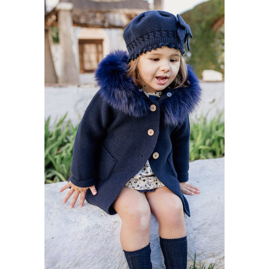 Rahigo Navy knitted cardigan coat with large fur hood - Adora Childrenswear