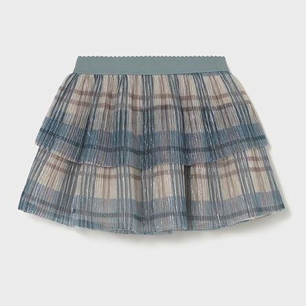 Mayoral girls blue plaid skirt set including white blouse and cardigan 
