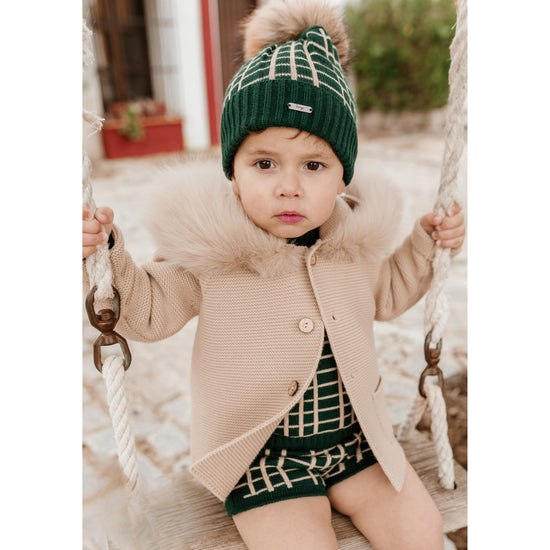 Rahigo camel coloured knitted cardigan with large fur hood - Adora Childrenswear