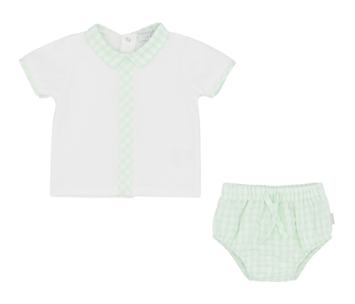 Pastels & Co baby boys mint green gingham jam pants and white polo top 
