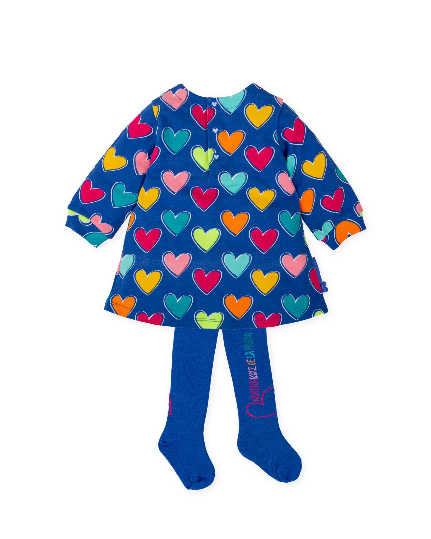 Agatha Ruiz De La Prada girls blue dress with multi coloured hearts and matching tights 