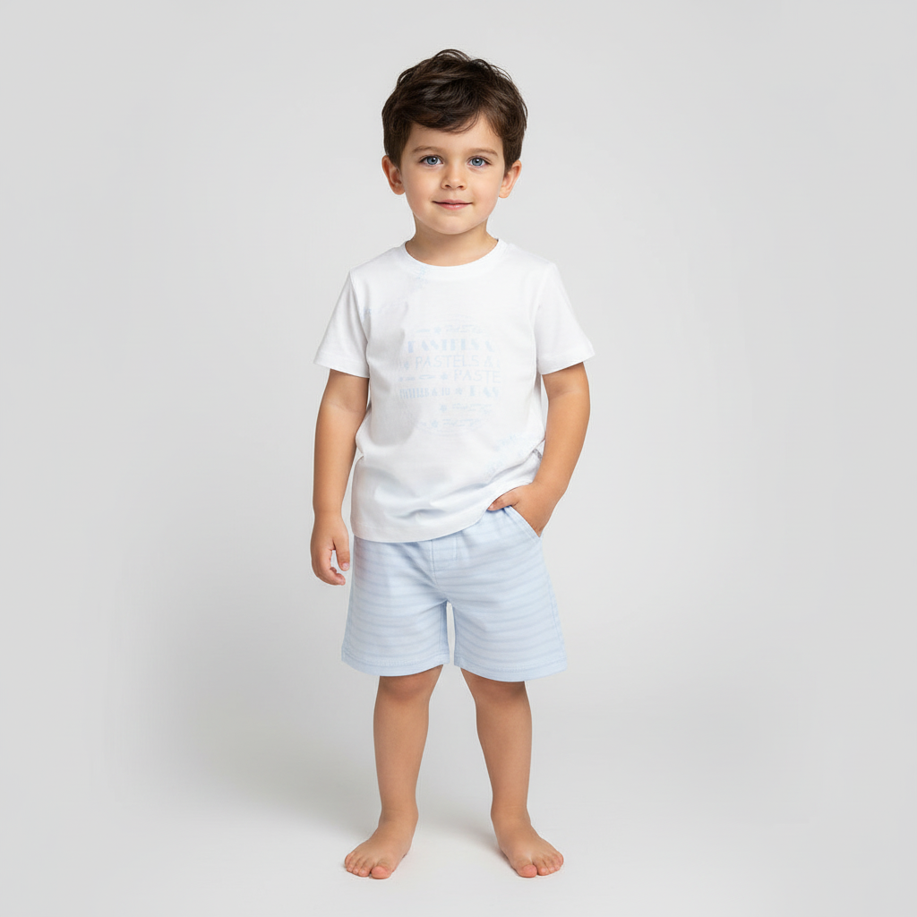 Pastels & Co boys pale blue shorts and white cotton round neck t shirt set 