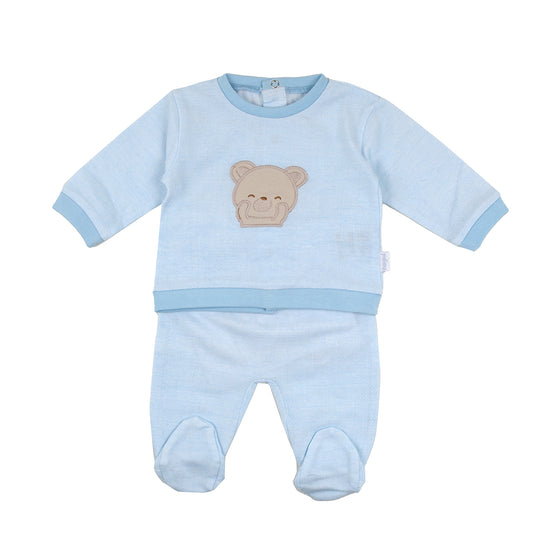 Baby boys pale blue two piece set with teddy bear motif - Adora Childrenswear