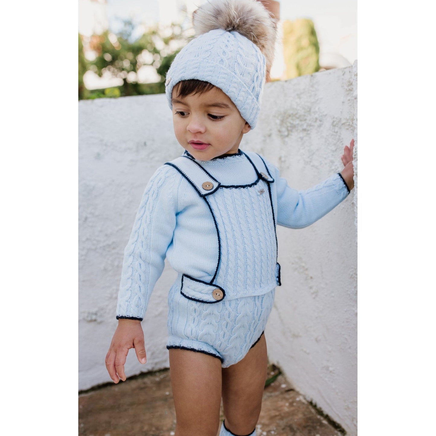 Baby boys Rahigo knitted romper and jumper. Baby blue colour with navy detailing - Adora Childrenswear