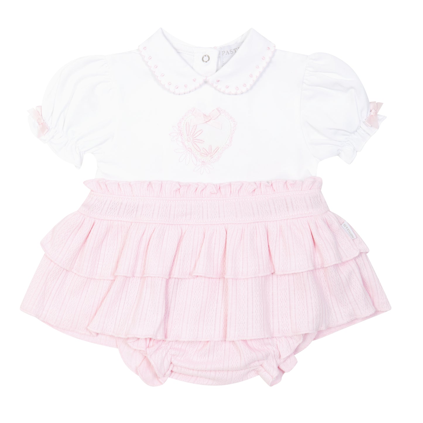 Pastels & Co baby girl pink and white dress with matching bloomers