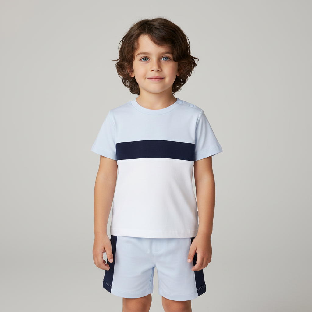 Deolinda boys shorts set in a white, navy and pale blue colour block design 