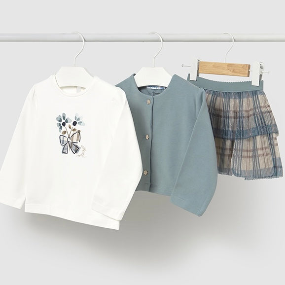 Mayoral girls blue plaid skirt set including white blouse and cardigan 