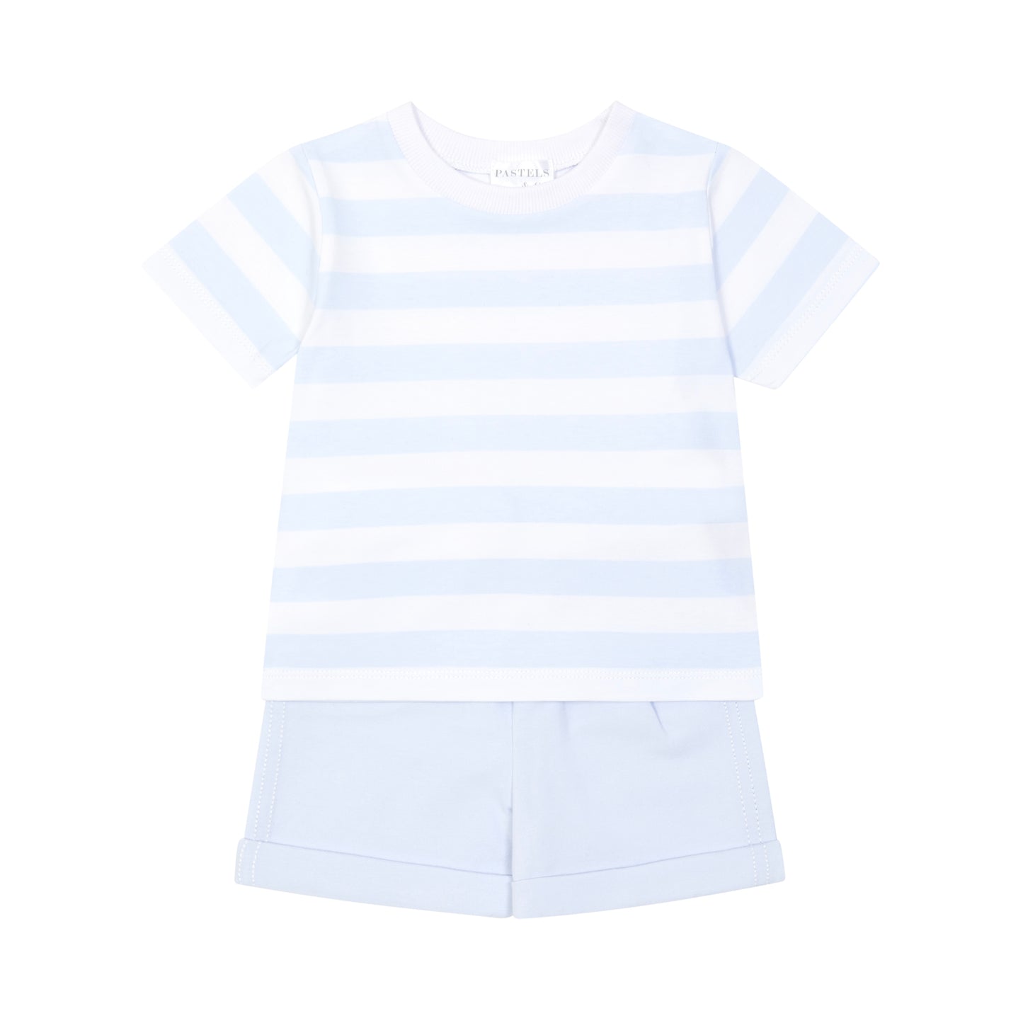 Pastels & Co boys blue and white striped t shirt and blue shorts set 