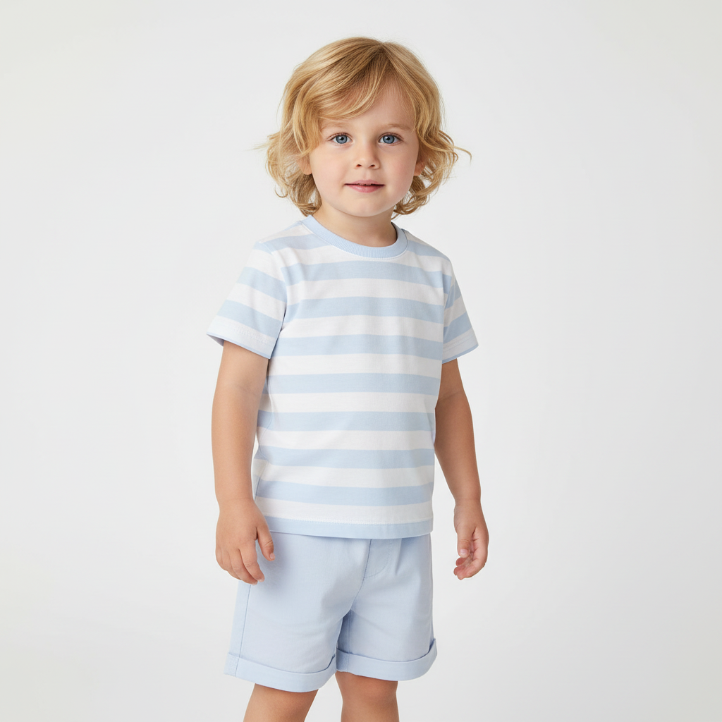 Pastels & Co boys blue and white striped t shirt and blue shorts set 