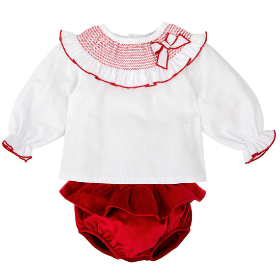 Babidu baby girls red velvet jam pants and white smocked blouse 