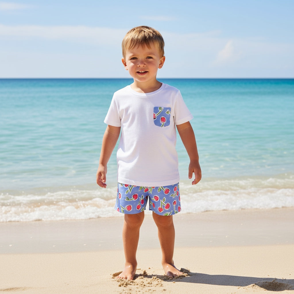 Deolinda cherry print swim shorts and white cotton t shirt 
