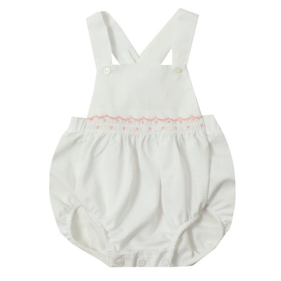 Baby girls white romper with pink smocking - Adora Childrenswear 