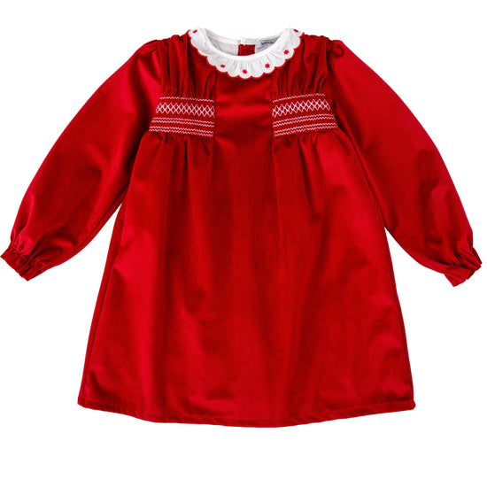 Babidu girls red velvet dress with smocking 