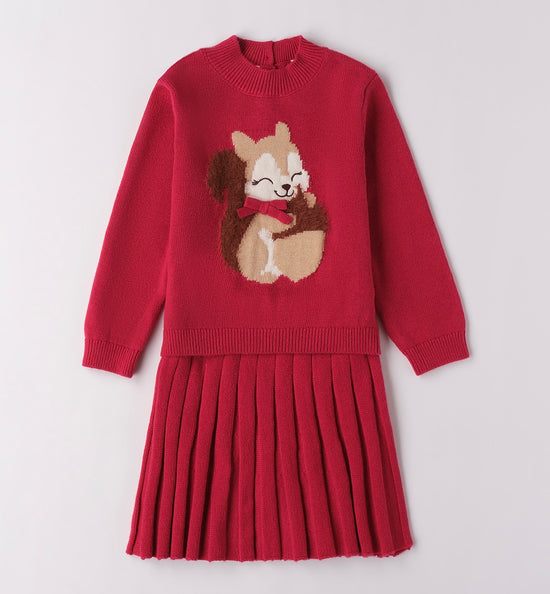Sarabanda girls red knitted skirt set with squirrel detail 
