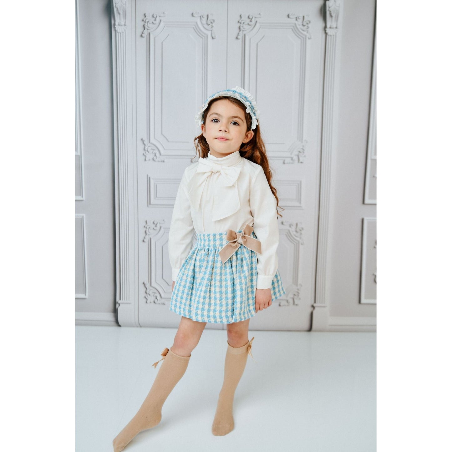 Load image into Gallery viewer, Blue Dogtooth Skirt And Blouse 3280 - Lala Kids 
