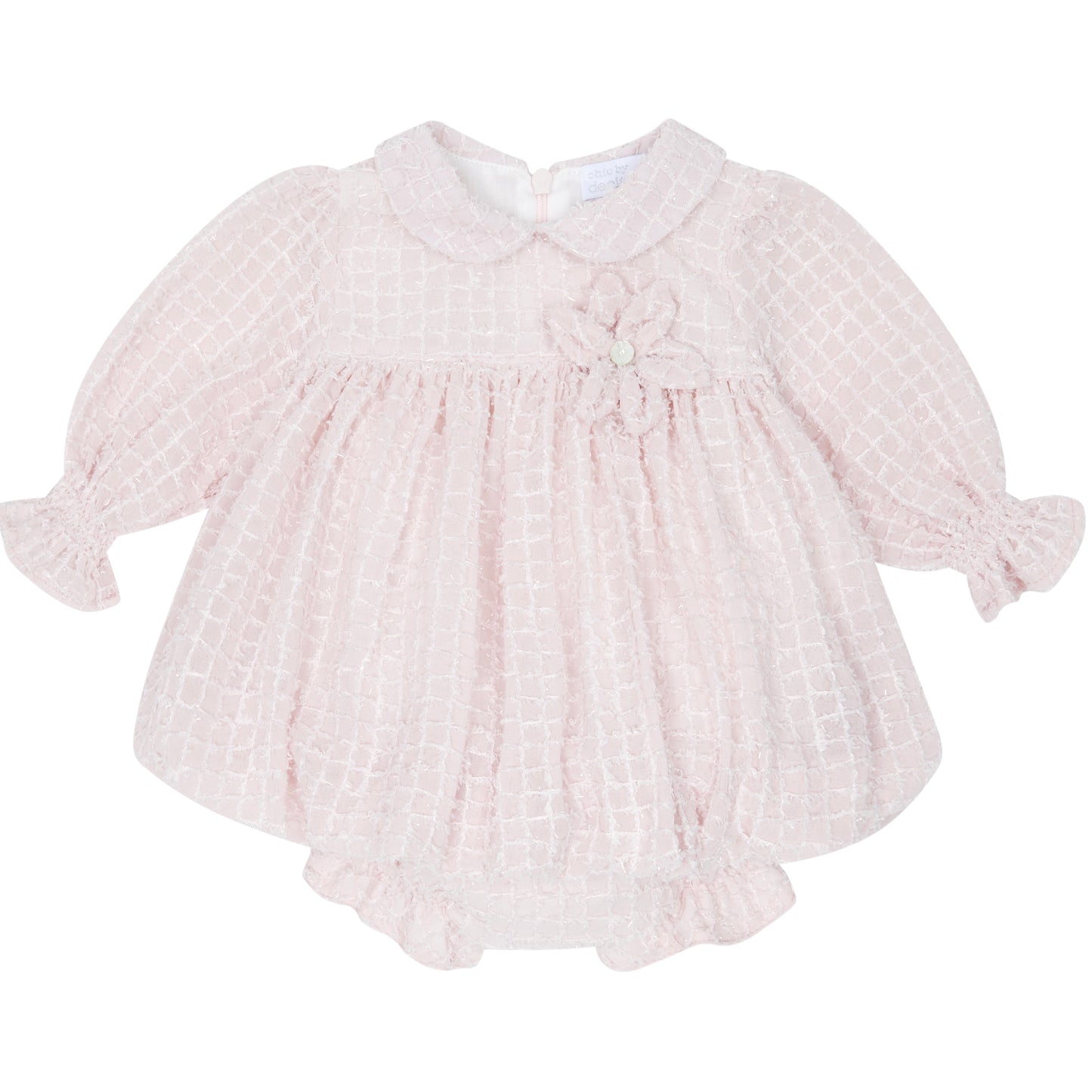 Baby girls blush pink puffball dress with shimmery detailing and matching knickers 