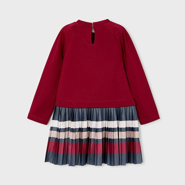 Mayoral girls red dress with grey and beige pleated skirt 