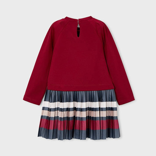 Mayoral girls red dress with grey and beige pleated skirt 