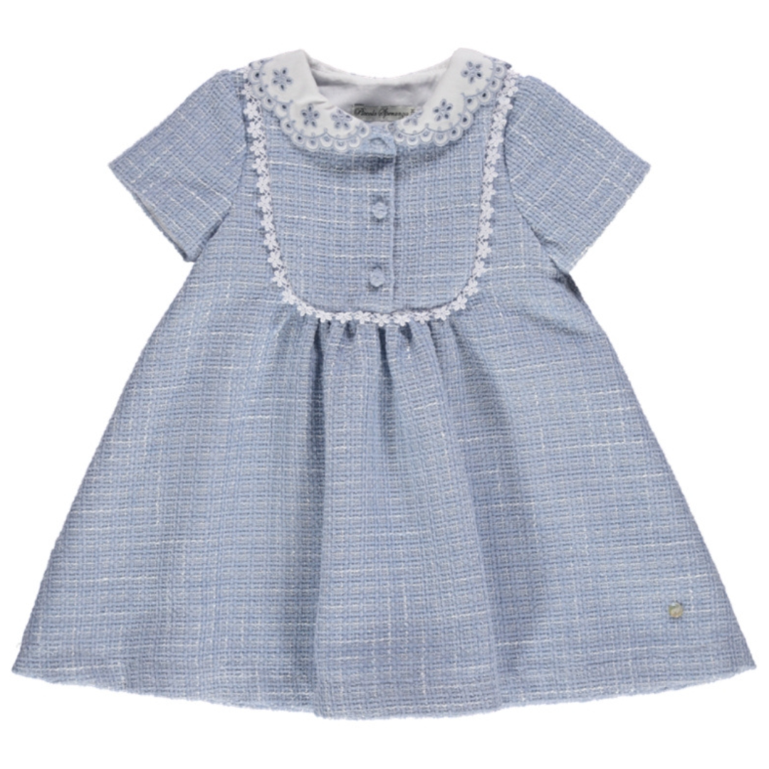 Piccola Speranza girls blue tweed dress with white broderie anglaise collar - Adora Childrenswear 