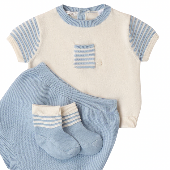 Load image into Gallery viewer, Baby boys pale blue top, shorts and socks set - Adora Childrenswear 
