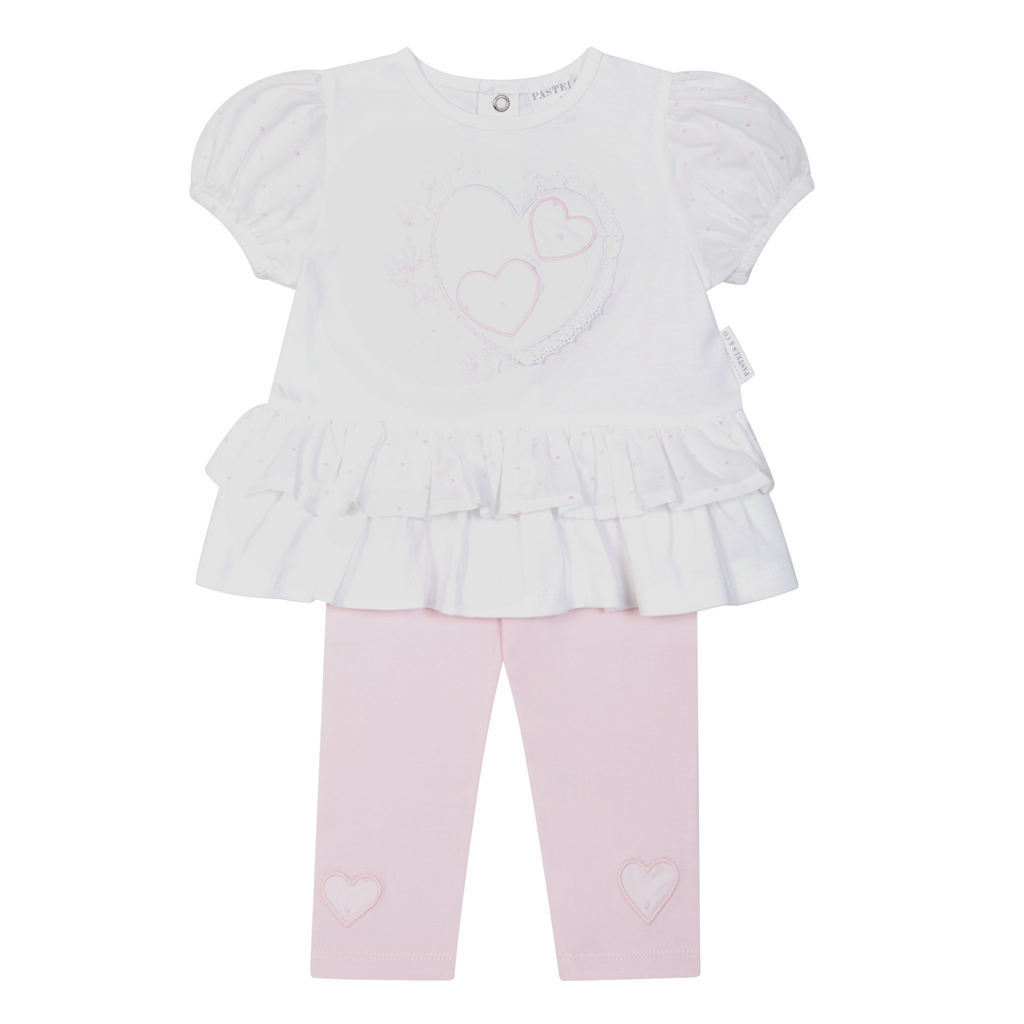 Pastels & Co SS26 girls white t shirt and pink leggings set with love heart detailing 