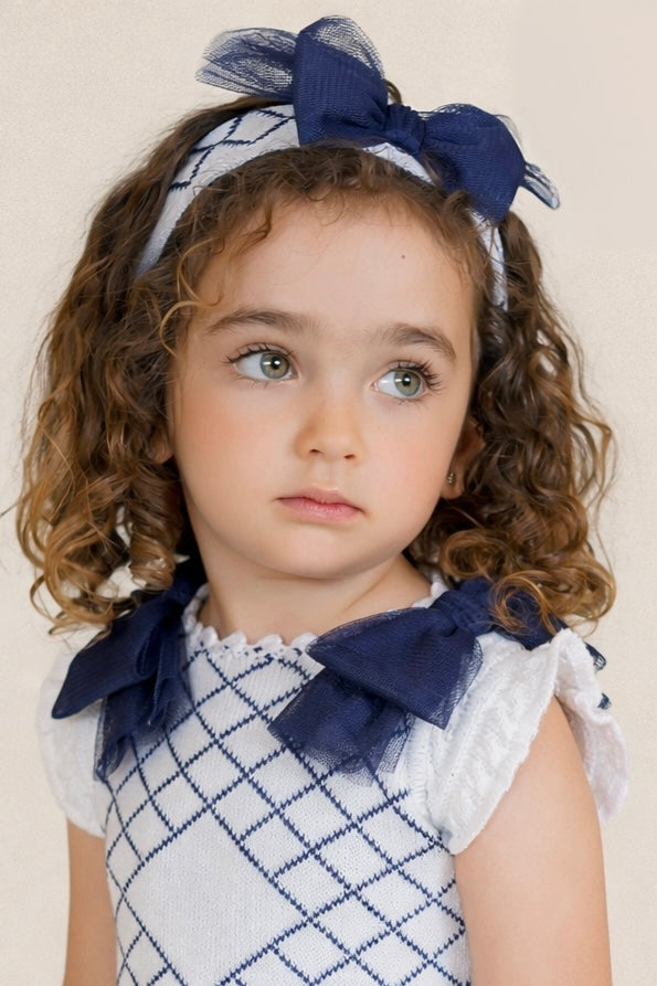 Rahigo SS26 white and navy check headband with navy tulle bow 