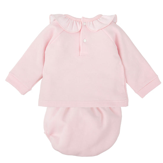 Babidu baby girls pink jam pants and jumper with frill collar 