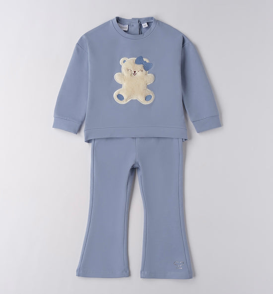 Sarabanda girls flared jogging set in blue with teddy bear detail 