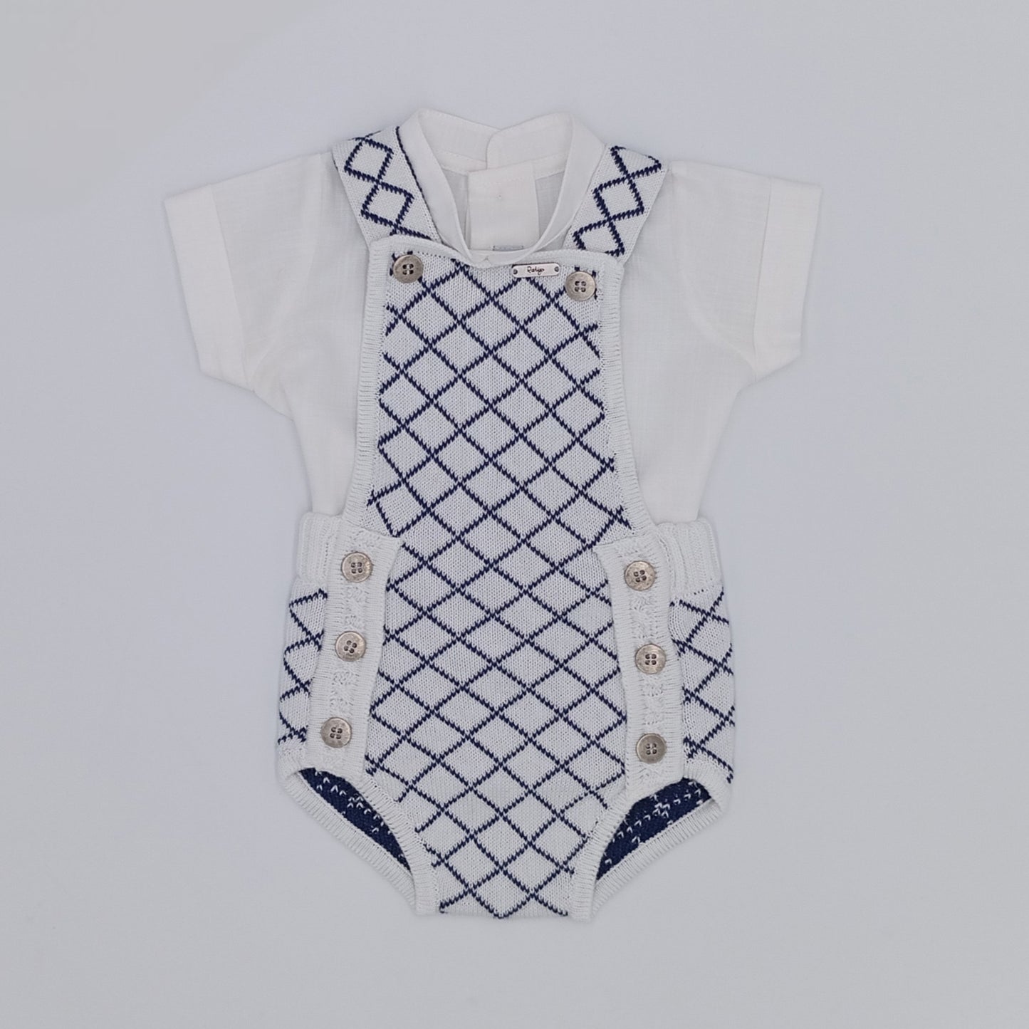 Rahigo SS26 boys white and navy romper with white cotton shirt