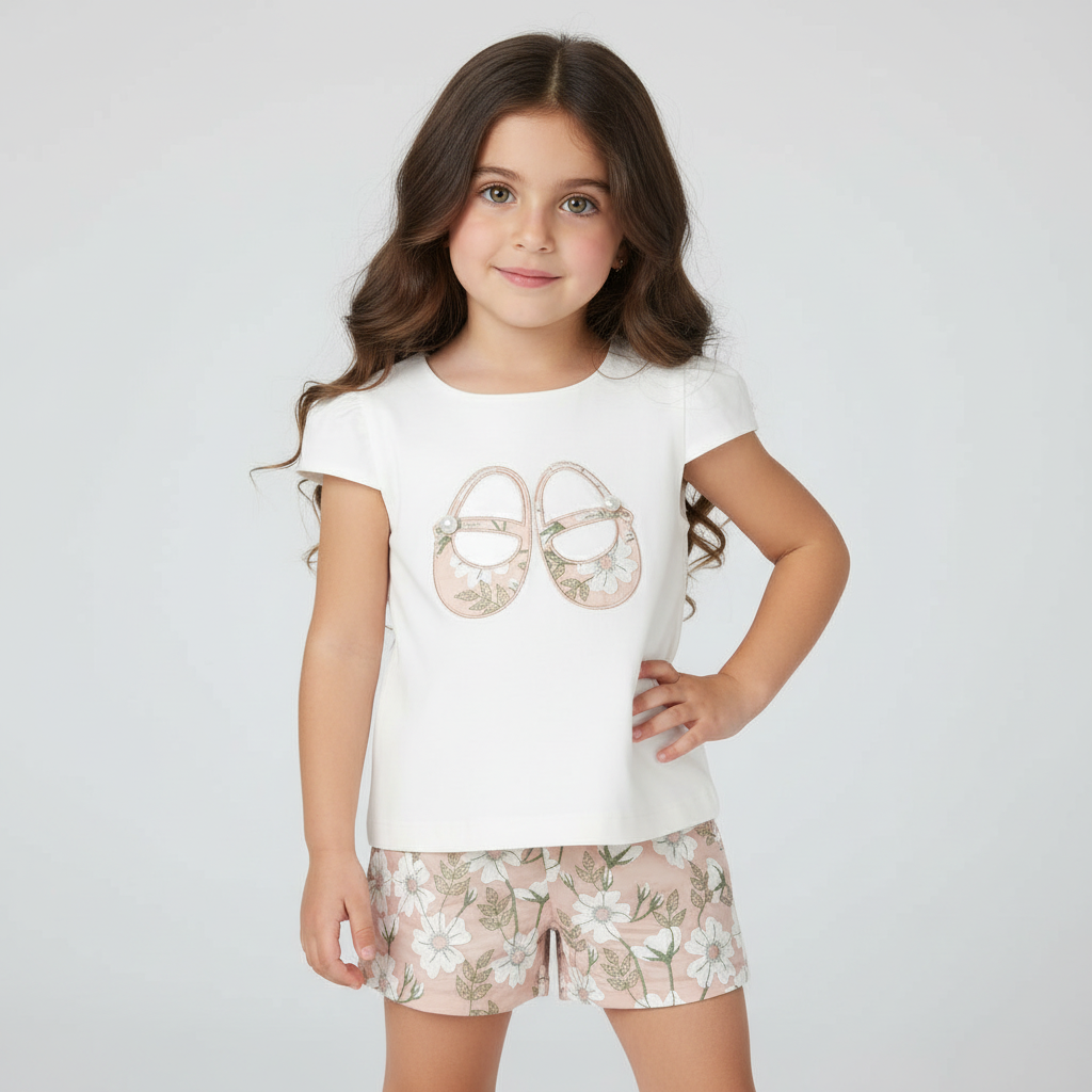 Chic by Deolinda - girls dusky pink shorts with floral embroidery detailing and matching cotton t shirt 