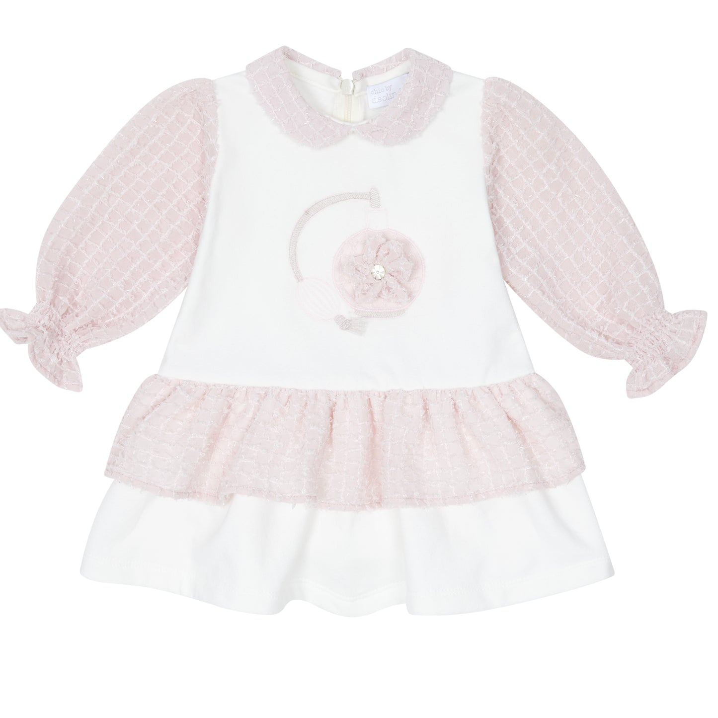 Girls white dress with pink shimmery fabric detailing on sleeves, collar and around waist 