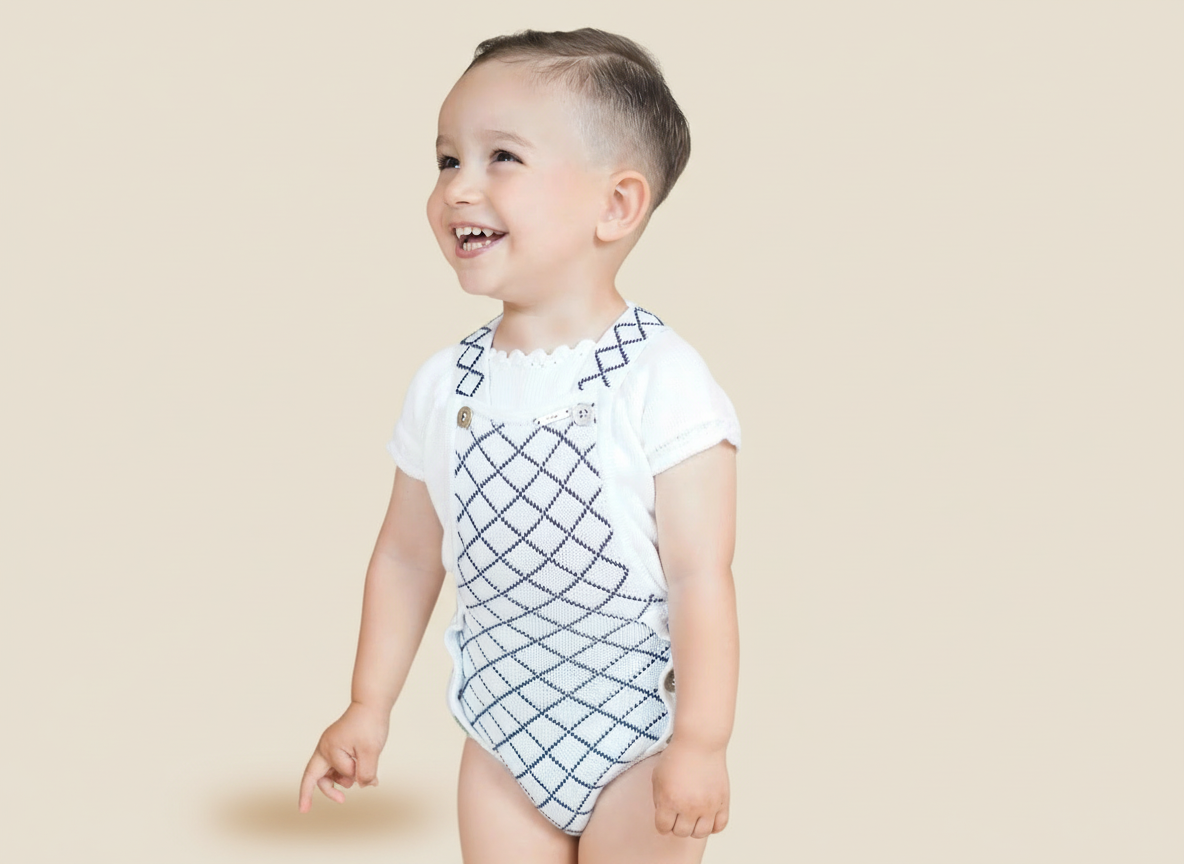 Rahigo SS26 boys white and navy romper with white cotton shirt