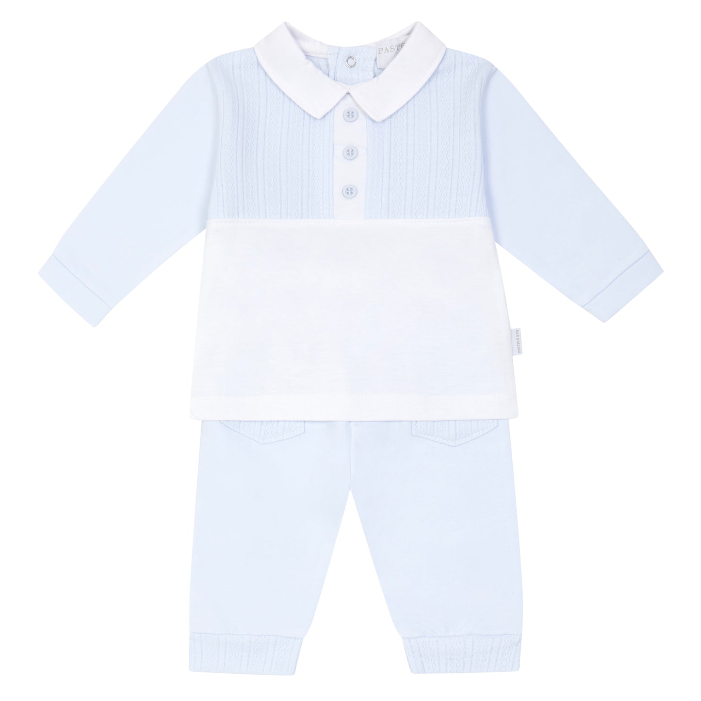 Pastels & Co baby boys pale blue and white tracksuit for summer 
