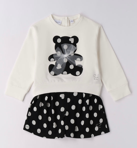Girls black spotty shorts and ivory sweater with black sporty teddy bear detail