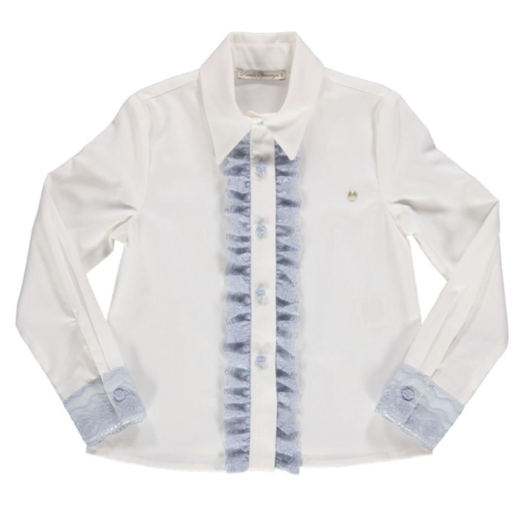 Piccola Speranza girls white blouse with blue ruffles lace down the front and lace cuffs - Adora Childrenswear 