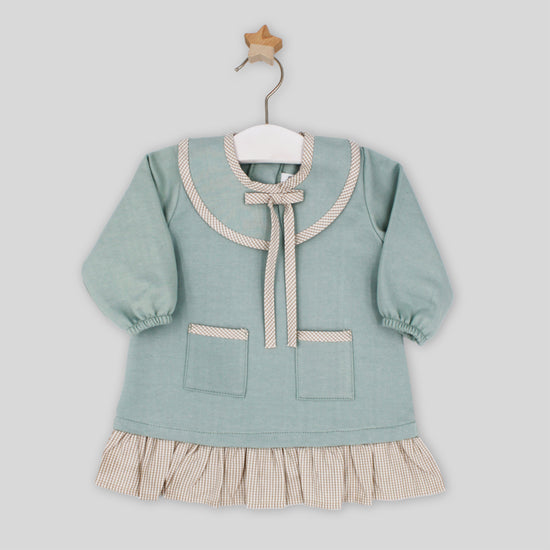 Rapife girls green dress with neutral gingham piping 