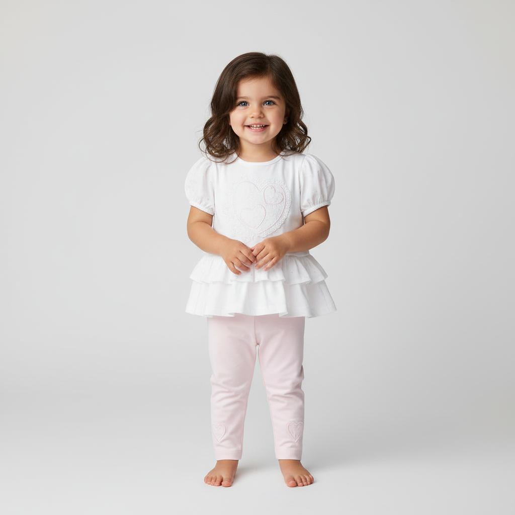 Pastels & Co SS26 girls white t shirt and pink leggings set with love heart detailing 
