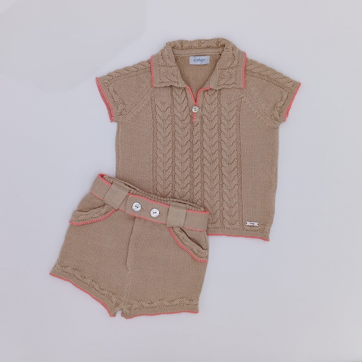Rahigo SS26 boys camel and salmon fine knit shorts set 