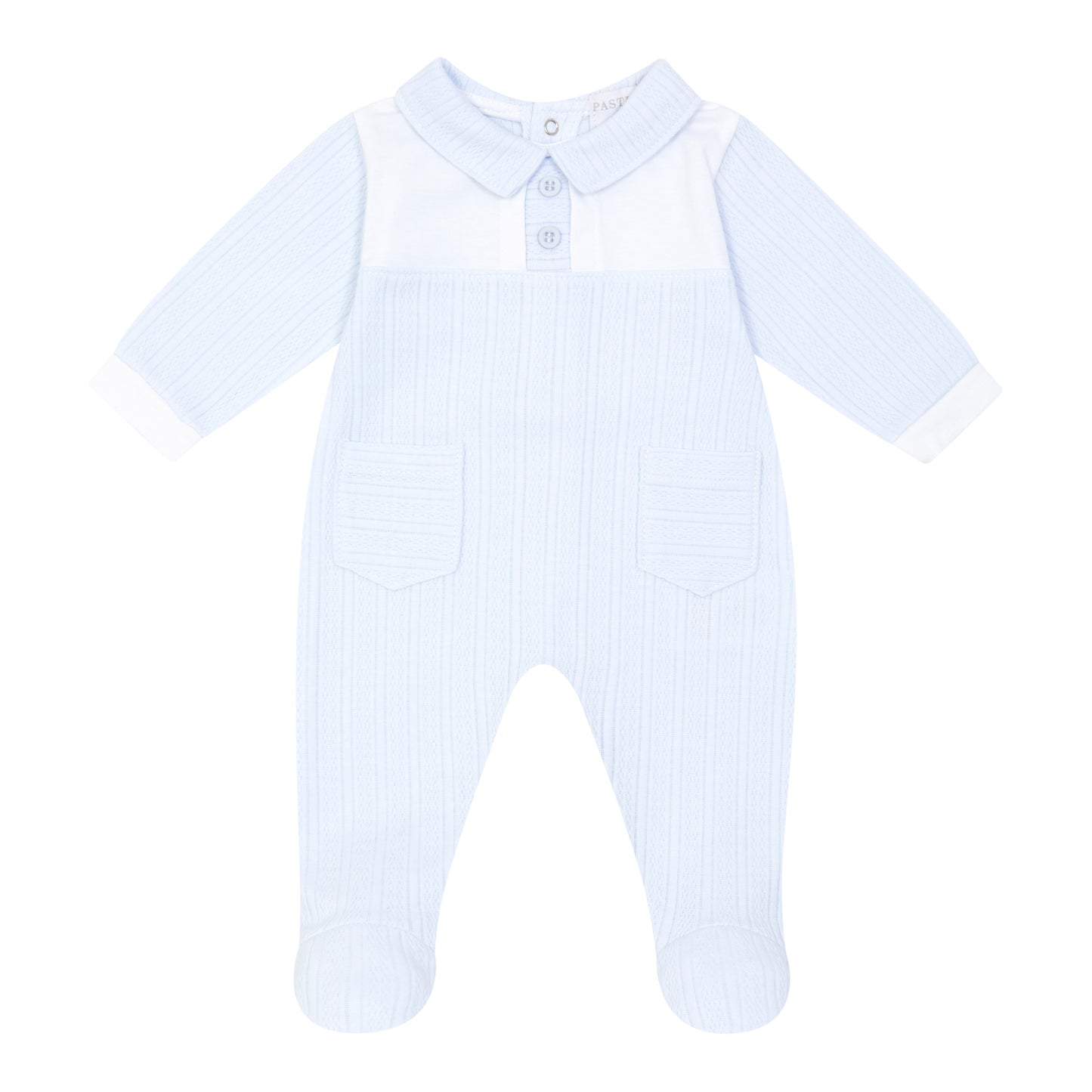 Pastels & Co pale blue and white summer baby grow 