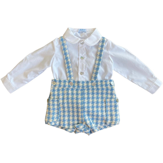Load image into Gallery viewer, Boys blue dungarees and shirt by Babine
