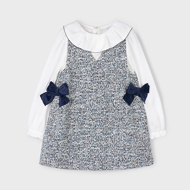 Mayoral girls navy tweed pinafore dress with large collared white blouse 