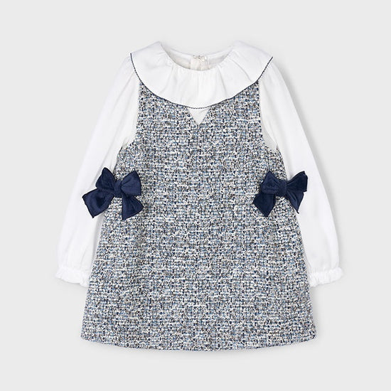 Mayoral girls navy tweed pinafore dress with large collared white blouse 