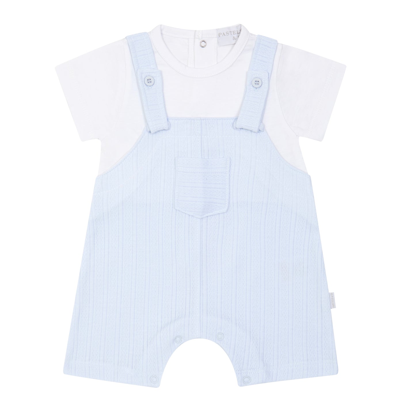 Pastels & Co baby boys pale blue and white romper in the style of dungarees 