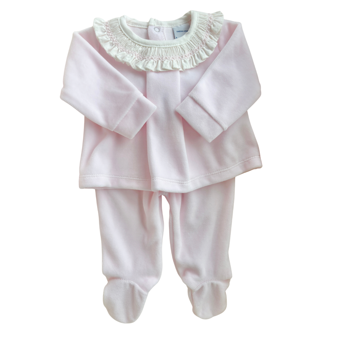 Babidu baby girl pink velour baby set with smocked collar